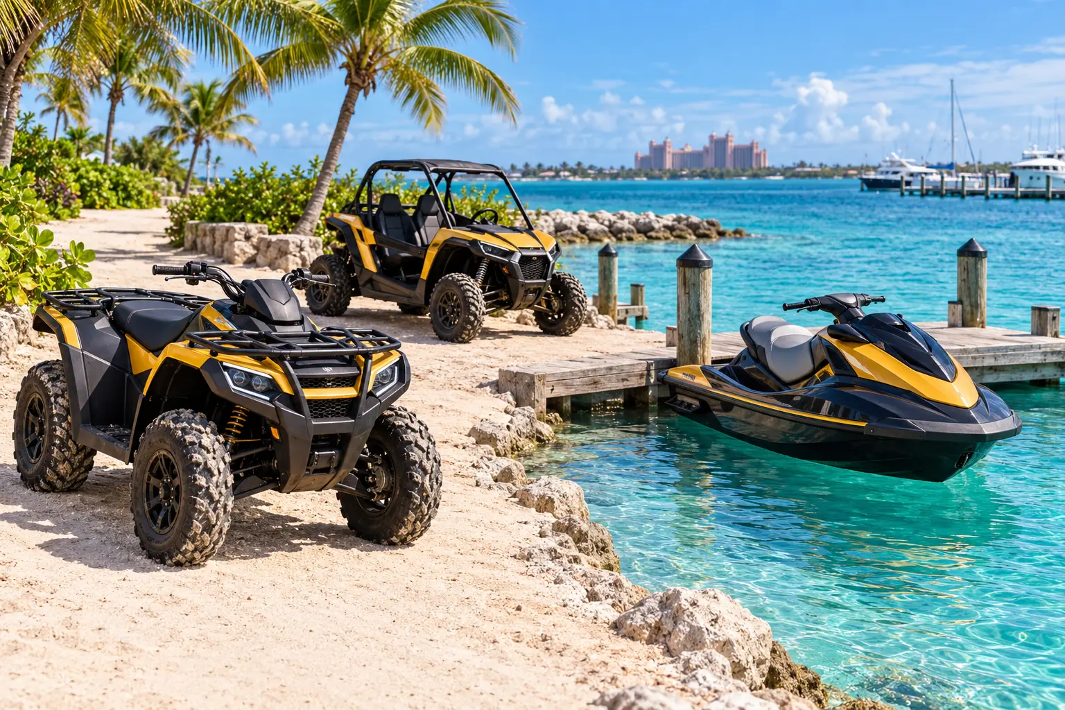 Representative unbranded ATV, buggy and personal watercraft by a Nassau marina